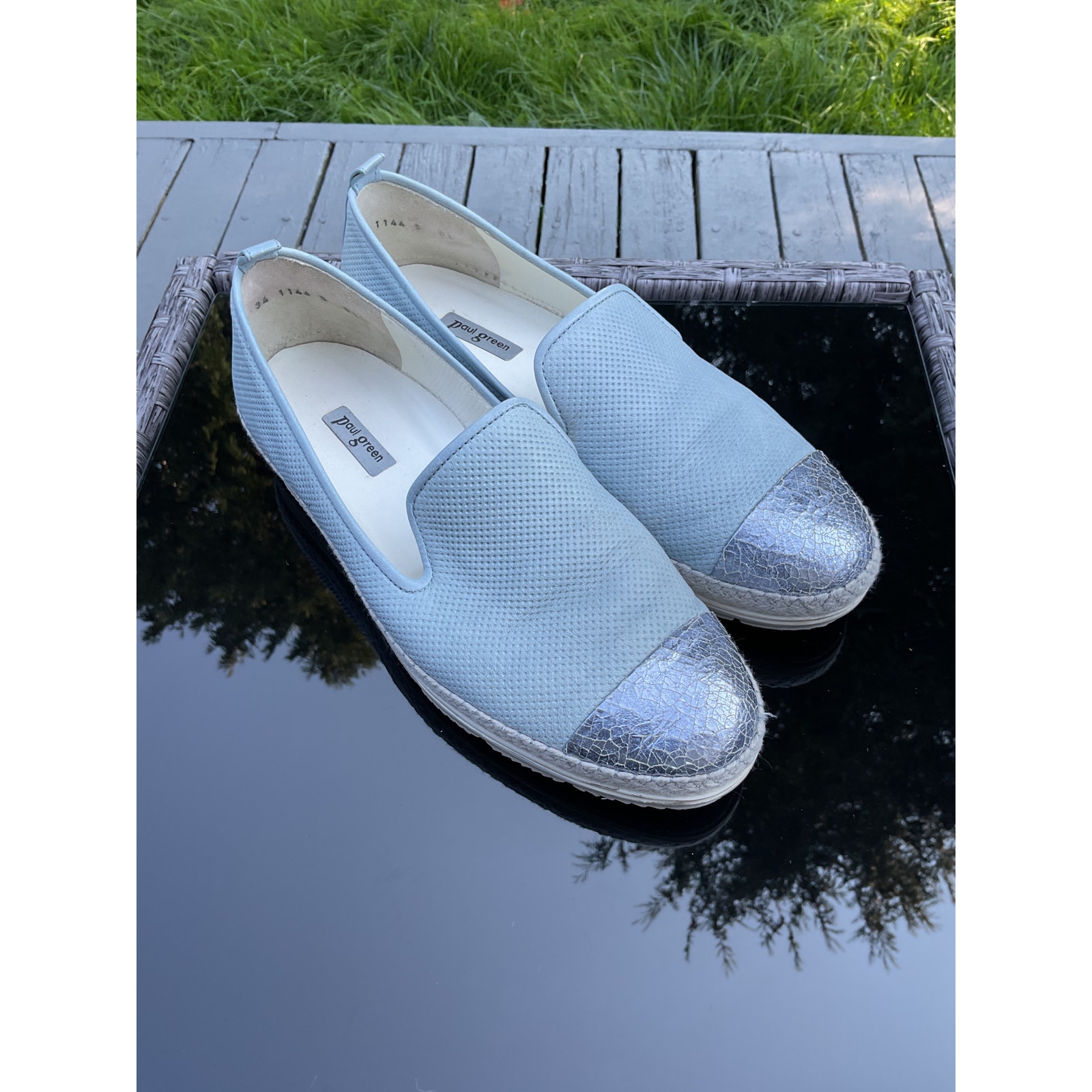 Paul Green Joaquin Espadrille Slip On Leather Loafer Cap Toe Blue/Silver Sz 7